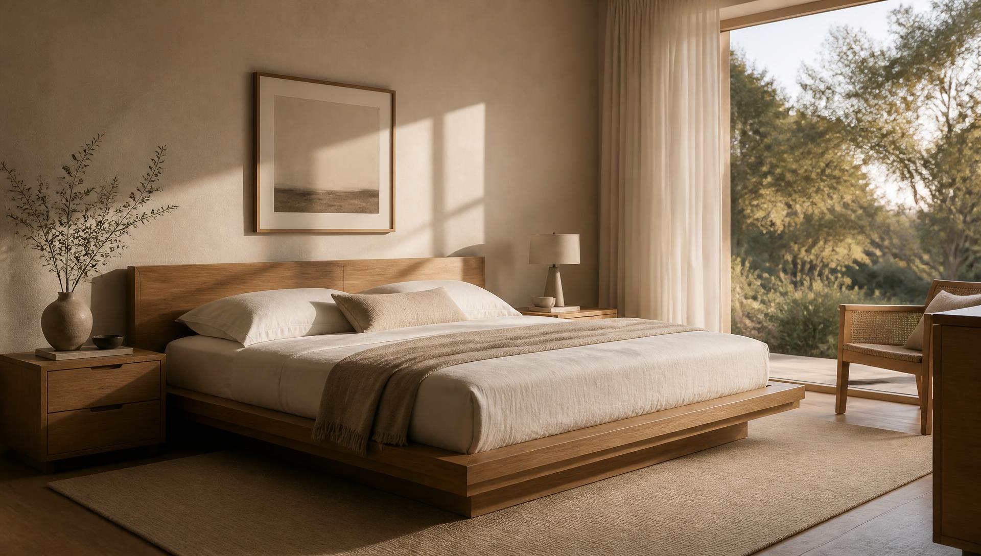 Dormitorio minimalista con cama de madera natural y luz cálida
